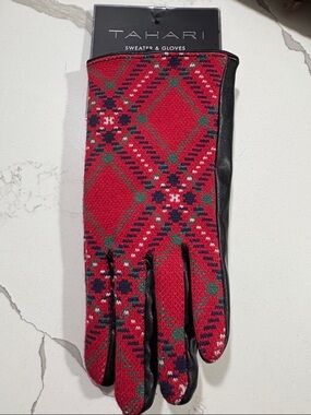 Tahari Red Plaid Knit & Black Leather Men's Gloves